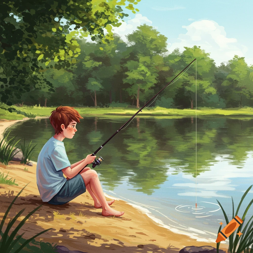 A boy sits fishing by a lake shore in a painterly style.