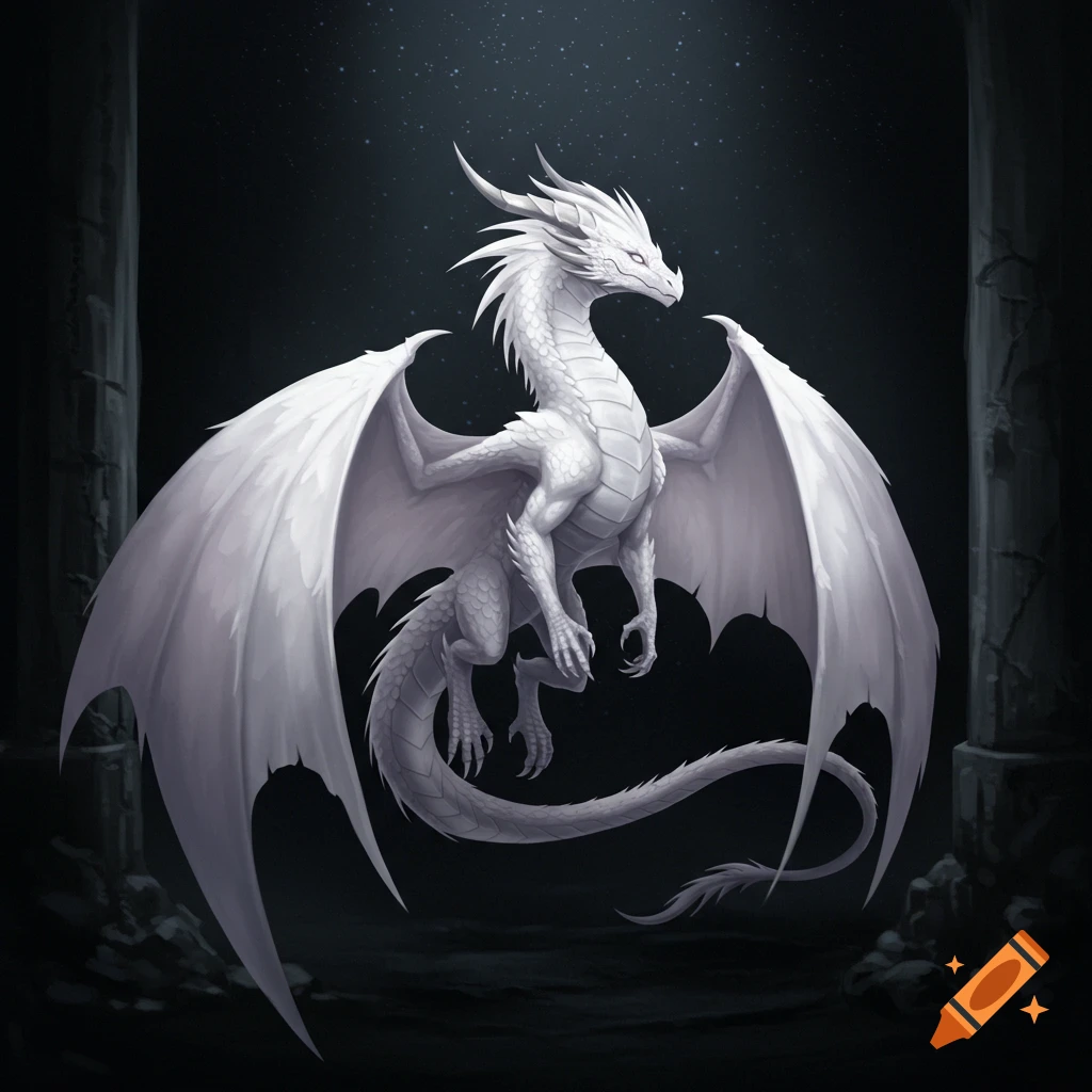 A white dragon in a dark ancient ruin under a starry sky
