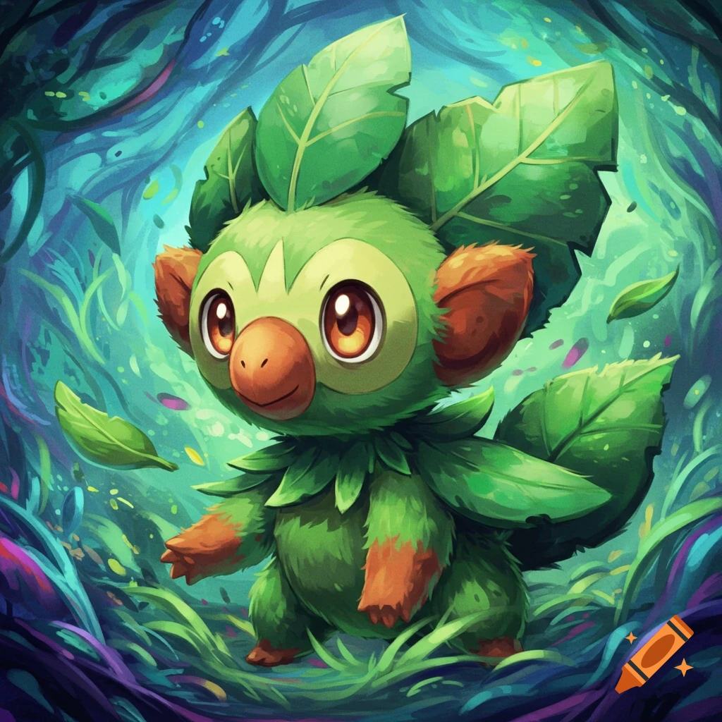 A green leaf creature from Pokemon sits in a vibrant forest.