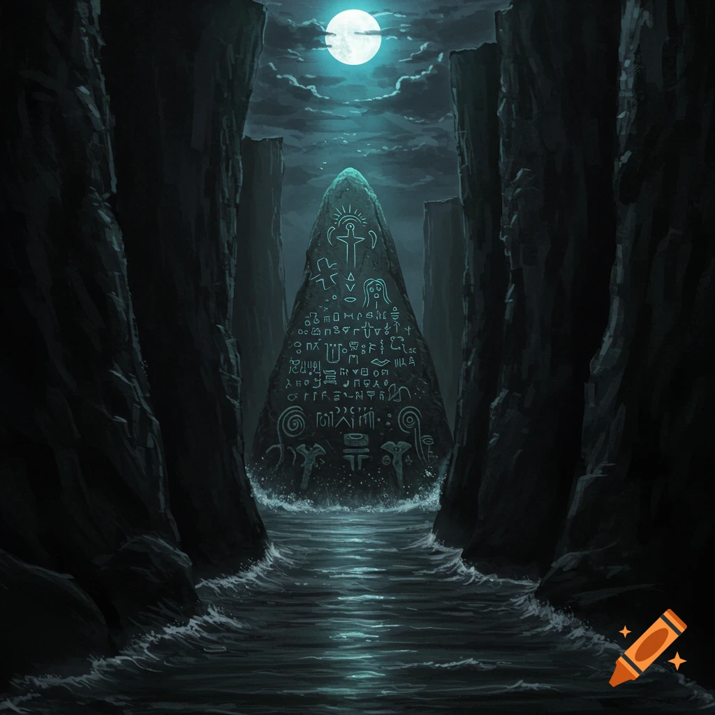 Dark ravine with steep cliffs, a large monolith with glowing symbols in water, under a bright moon.