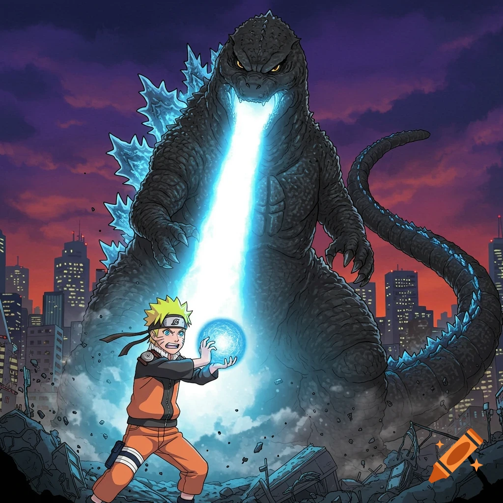 Naruto confronts Godzilla in a destroyed city in an anime style illustration.