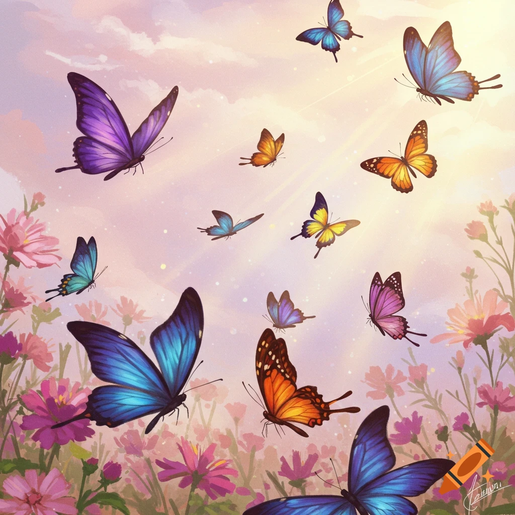 Colorful butterflies flying through flowers under a bright sky