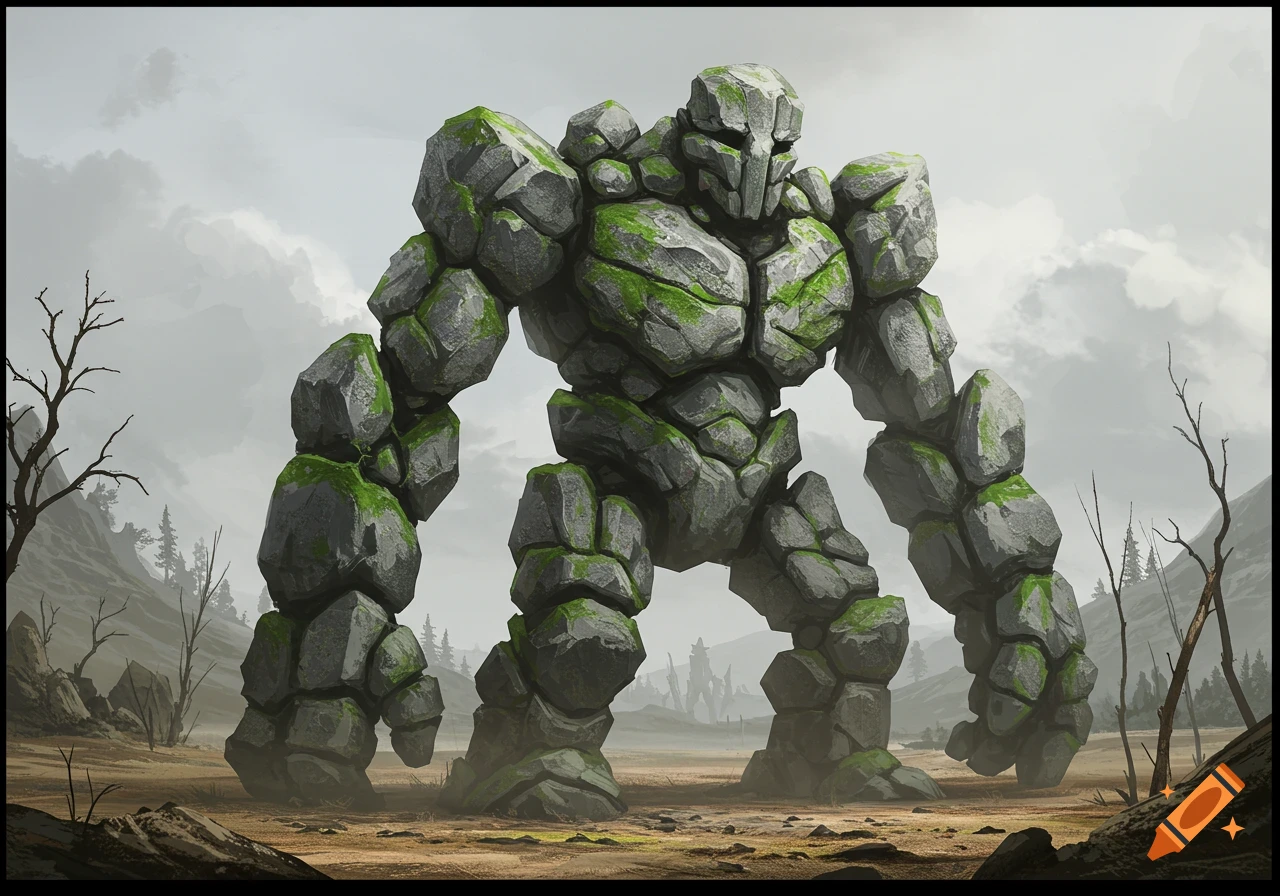 A large mossy rock golem stands in a desolate landscape under a cloudy sky.