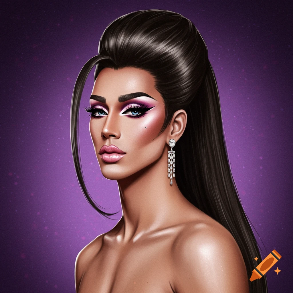 A stylized digital portrait of a person with dramatic makeup, high ponytail, and long diamond earring on a purple background.