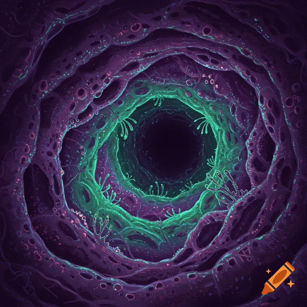 Abstract biological cavity with purple and green organic textures