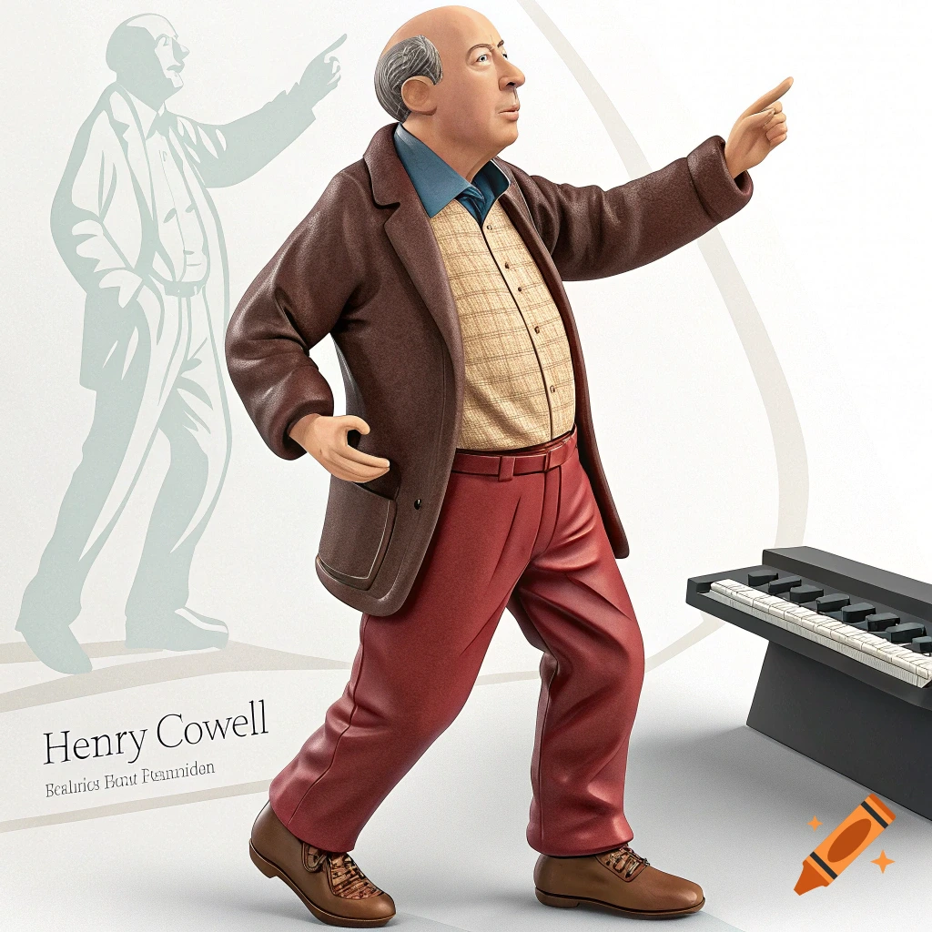 A stylized figure of composer Henry Cowell pointing, next to a piano keyboard.