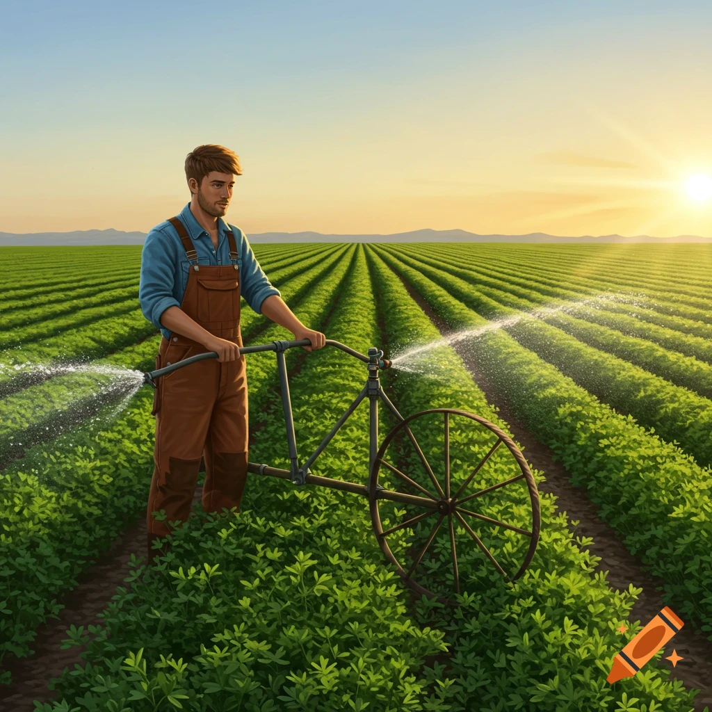 Image of a farmer watering a field of crops with a wheel line irrigation system at sunset.