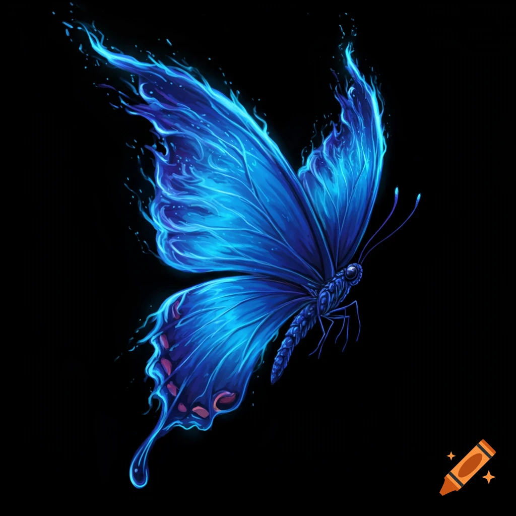A glowing blue butterfly with fiery wings on a black background.