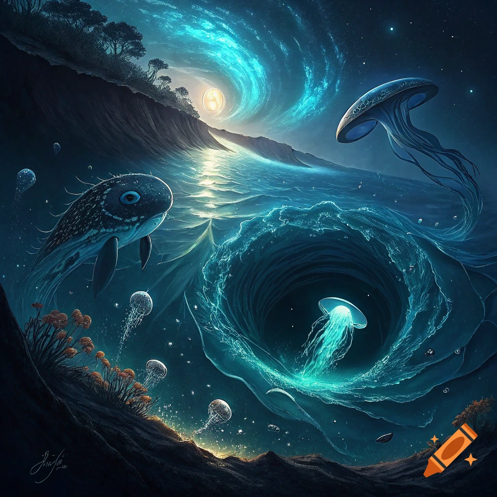 Bioluminescent sea creatures and jellyfish swim near a deep ocean vortex under a swirling, glowing sky with a distant light.