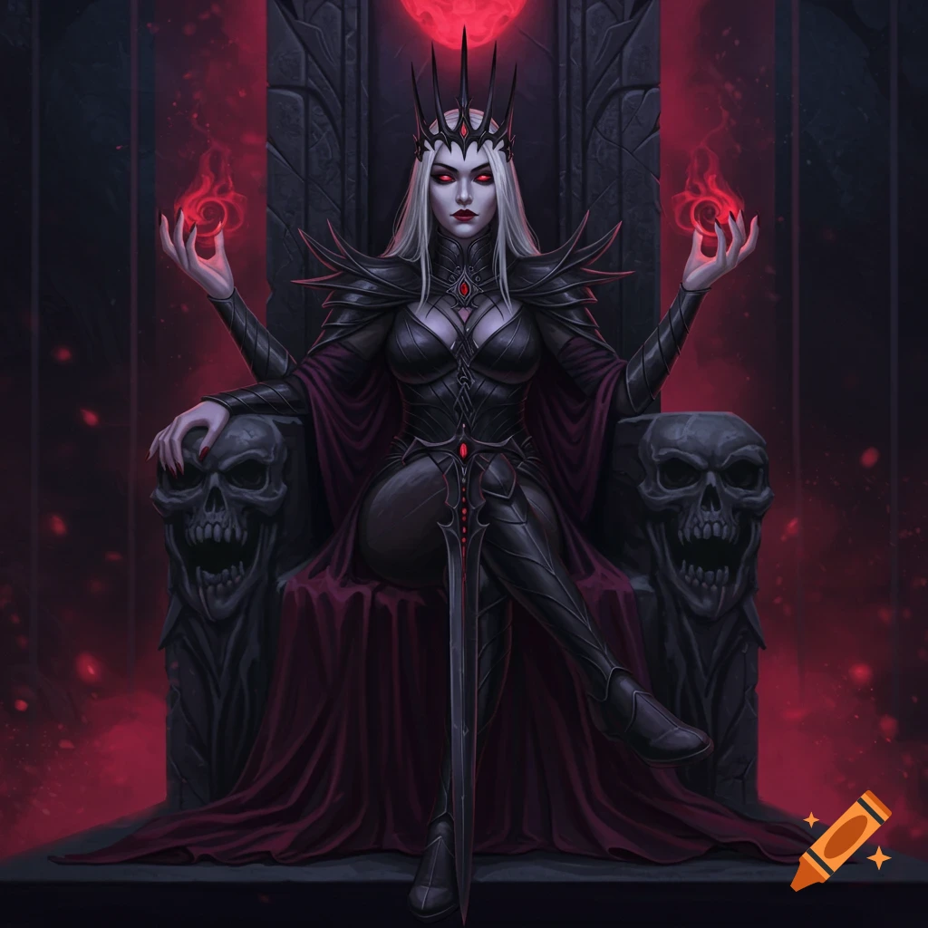 A dark fantasy queen with white hair sits on a skull throne, holding balls of fire.