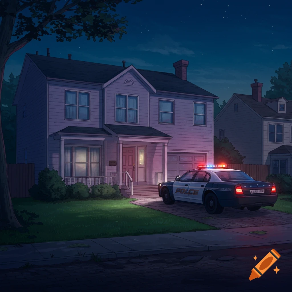 A suburban house at night with a police car in the driveway.