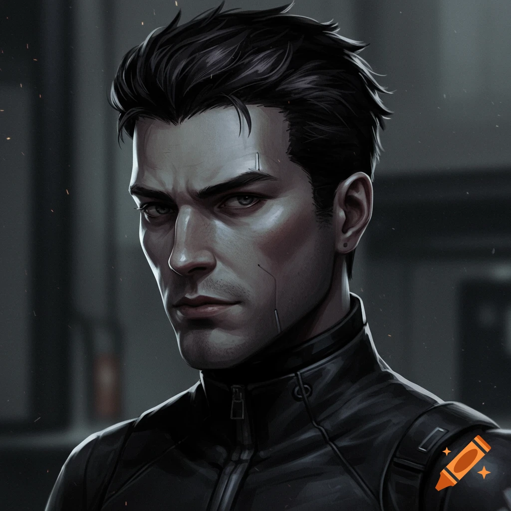 Digital portrait of a dark-haired man in a black jacket with sci-fi facial markings, looking aloof.
