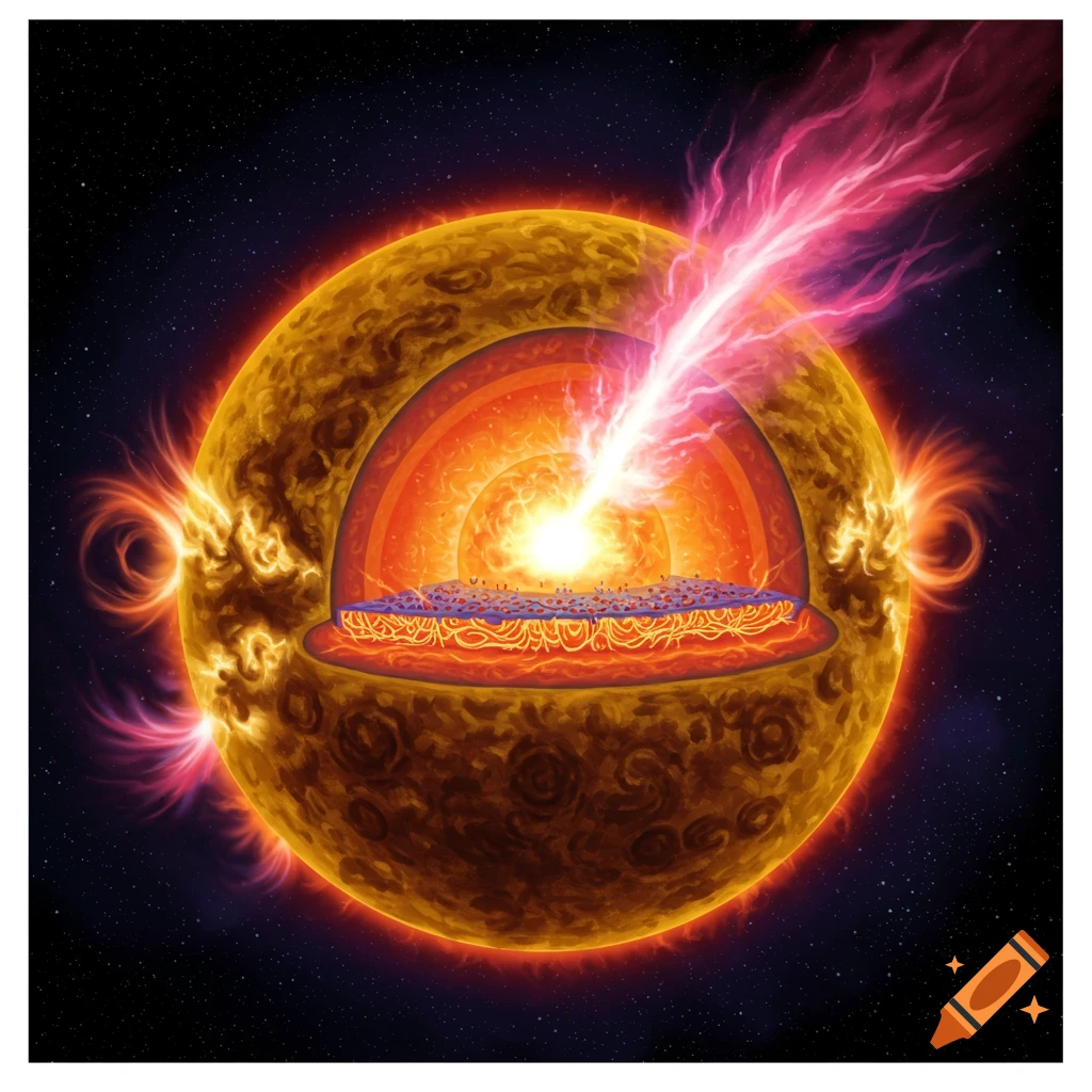 A cutaway view of a star showing internal layers and external features like a solar flare