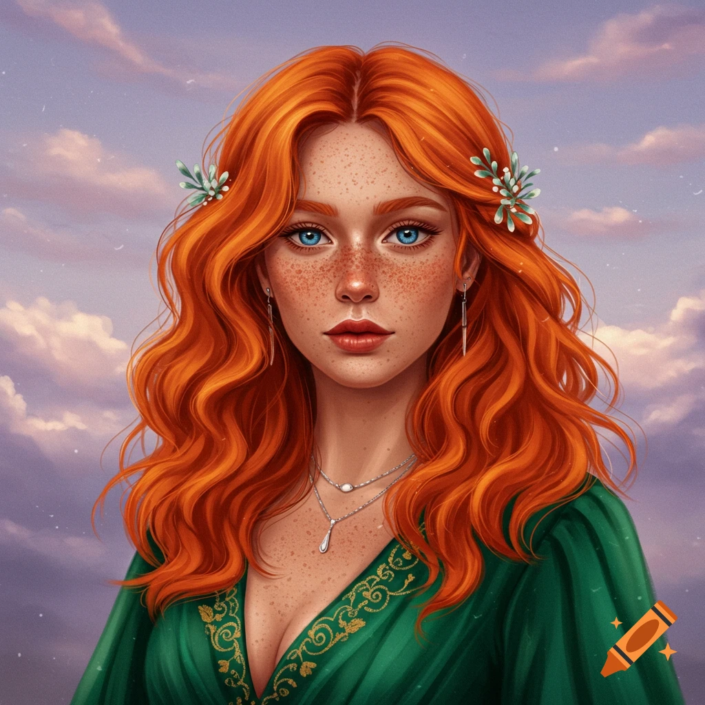 A red-haired woman with freckles and blue eyes.