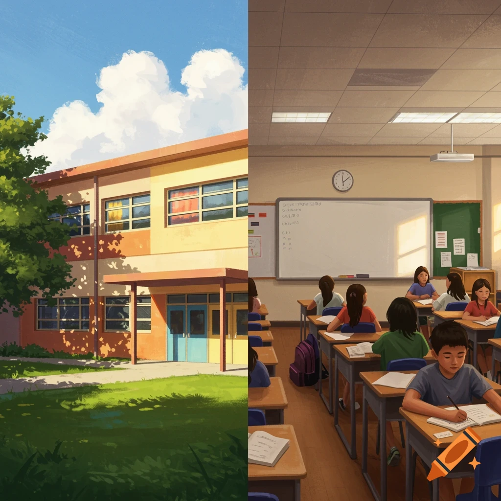 Split view image of a school exterior and a classroom interior with students learning.