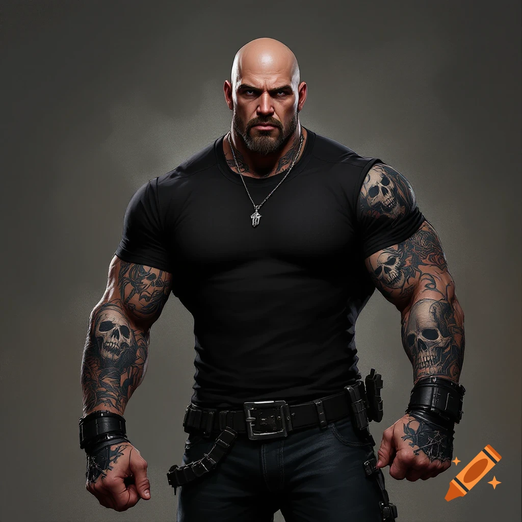 A muscular bald man with skull tattoos wears a black t-shirt and tactical gear.