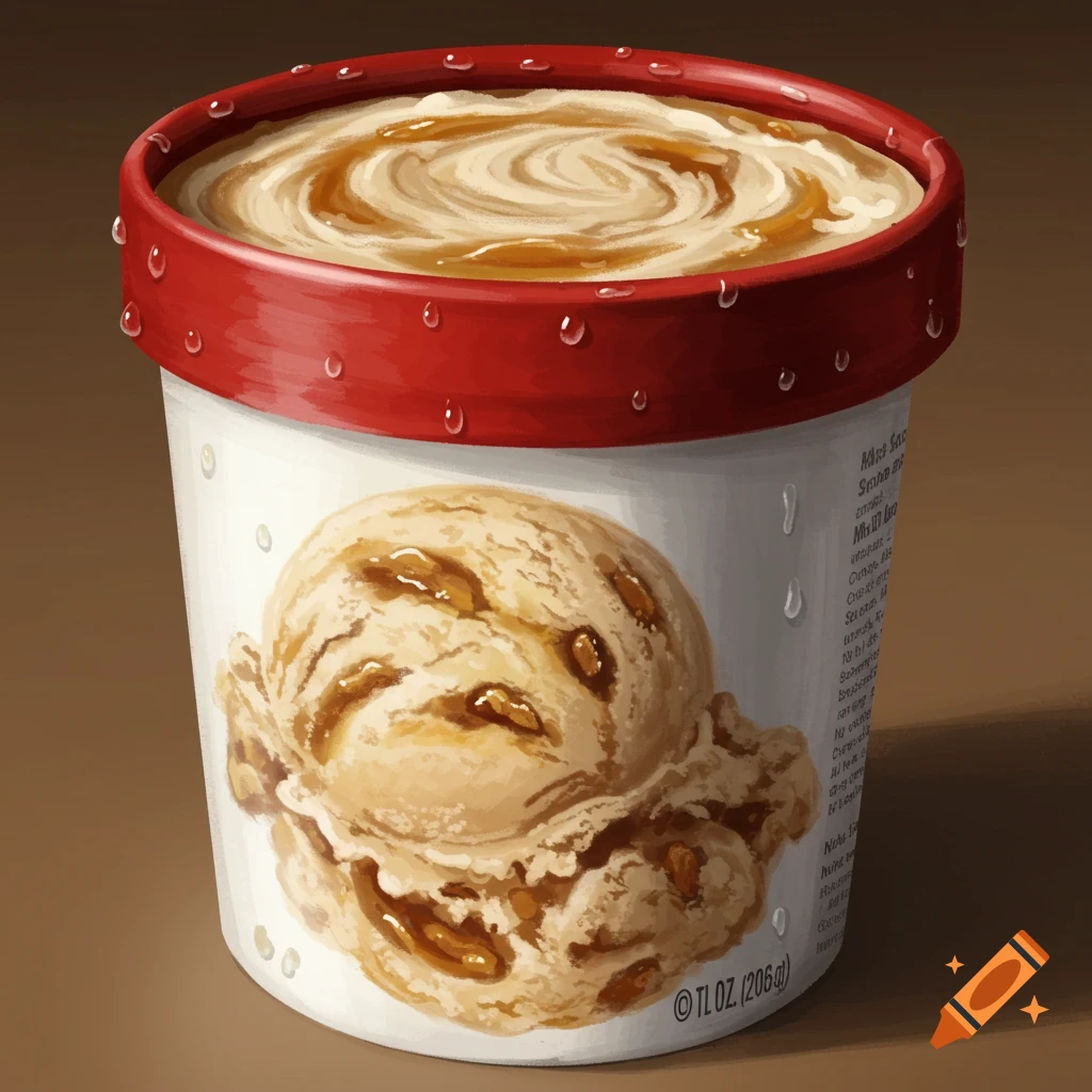 A pint of maple scone ice cream with a scoop in front.