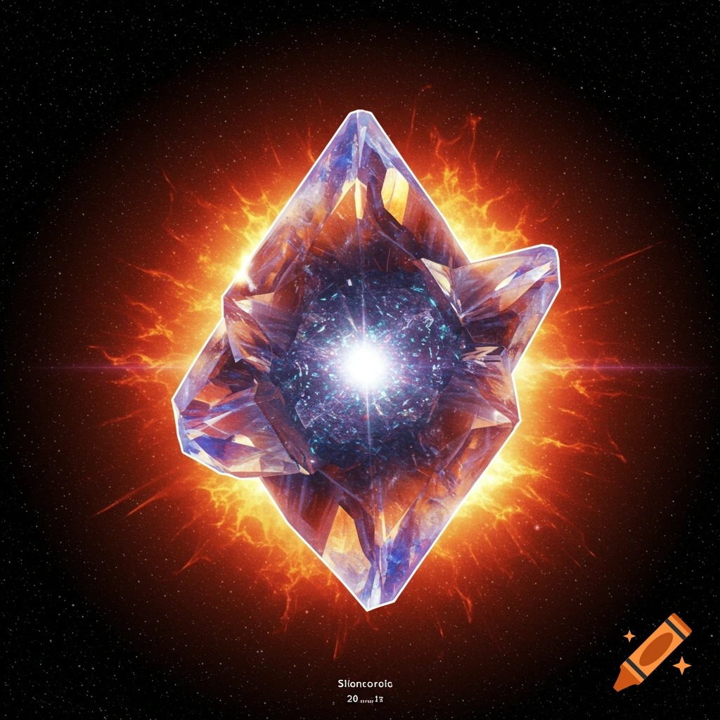 A glowing faceted crystal surrounded by fiery energy in space