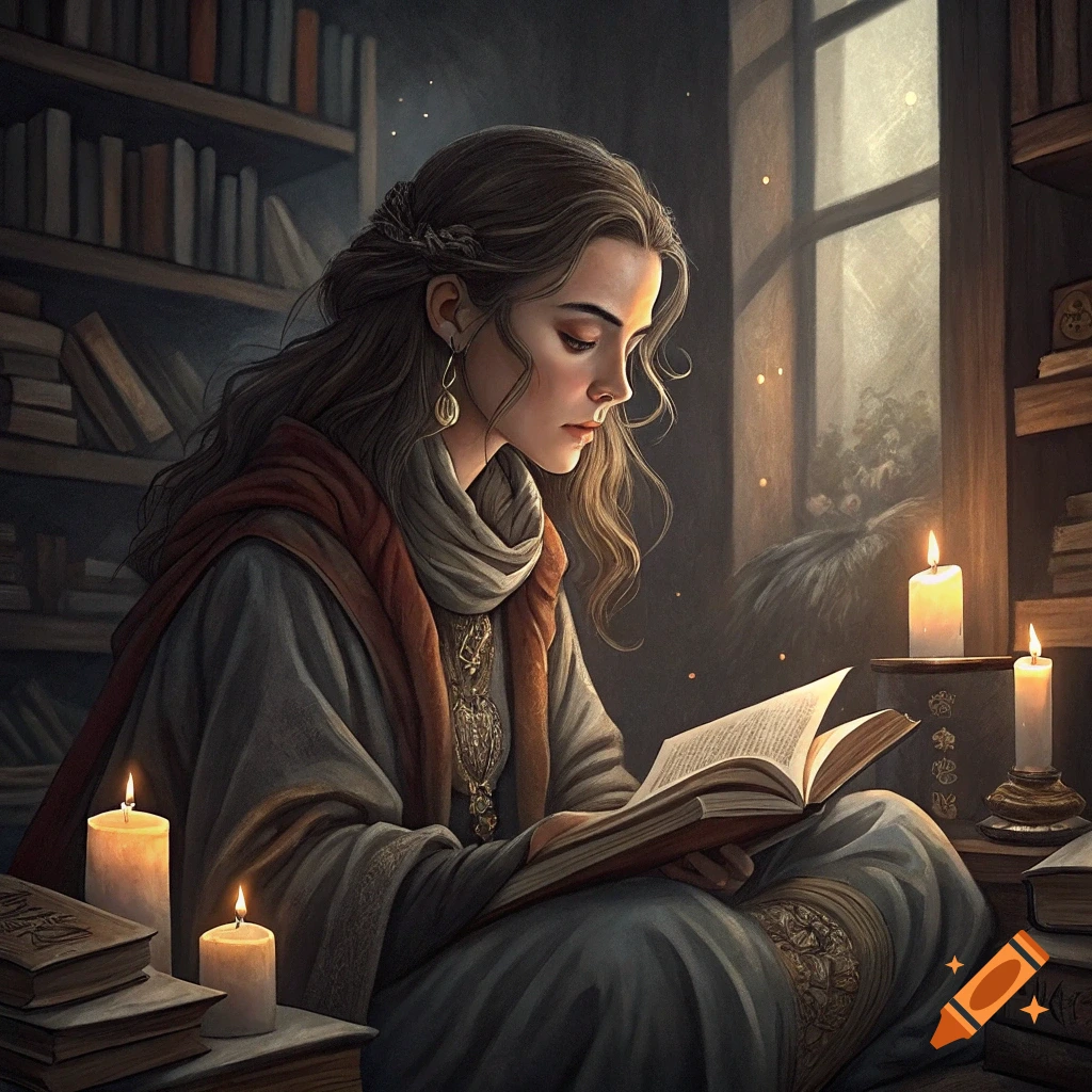 A woman reading a book by candlelight in a library.