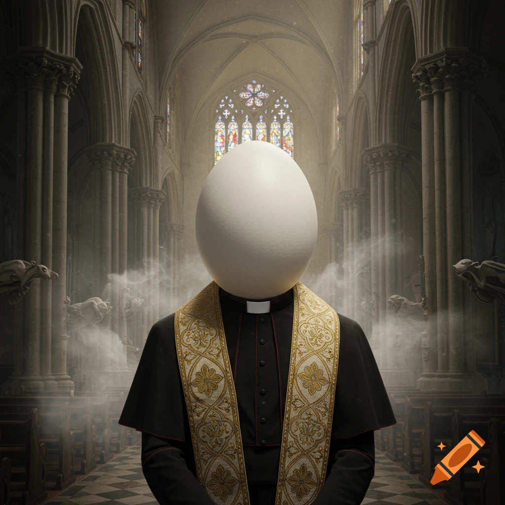A priest with an egg for a head stands in a gothic church.