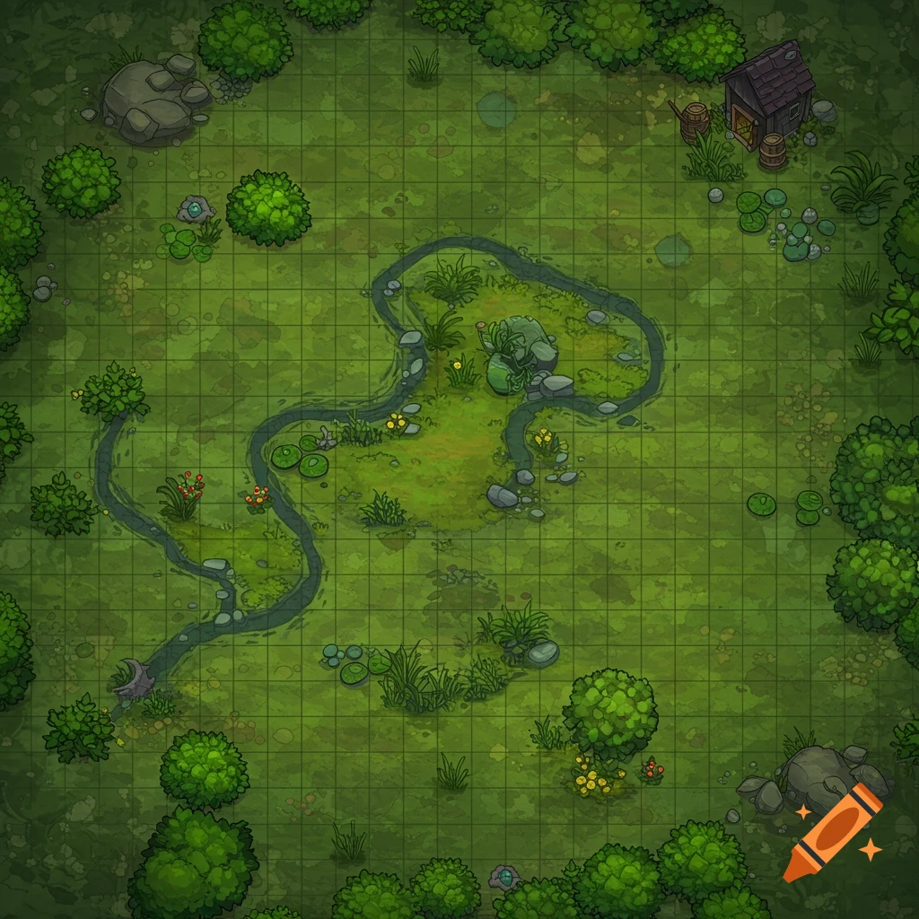 Top-down cartoon fantasy map of a swampy area with river and grid overlay.
