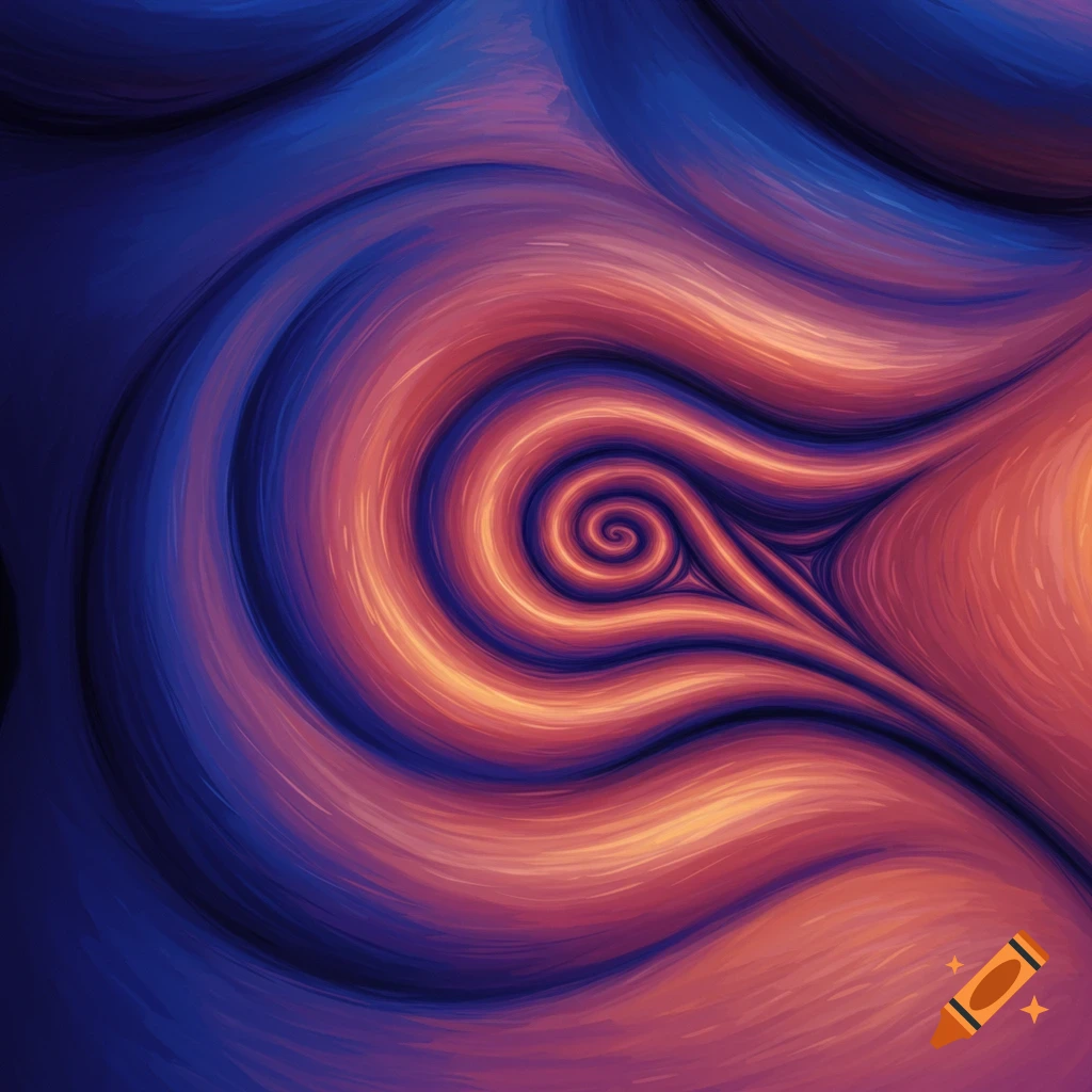 Abstract with swirling shapes in blue, purple, pink, and orange centered around a spiral.