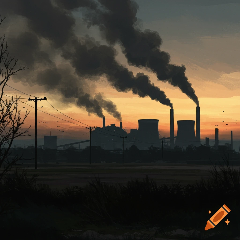 Industrial factory with smoking chimneys silhouetted against an orange and grey sky.