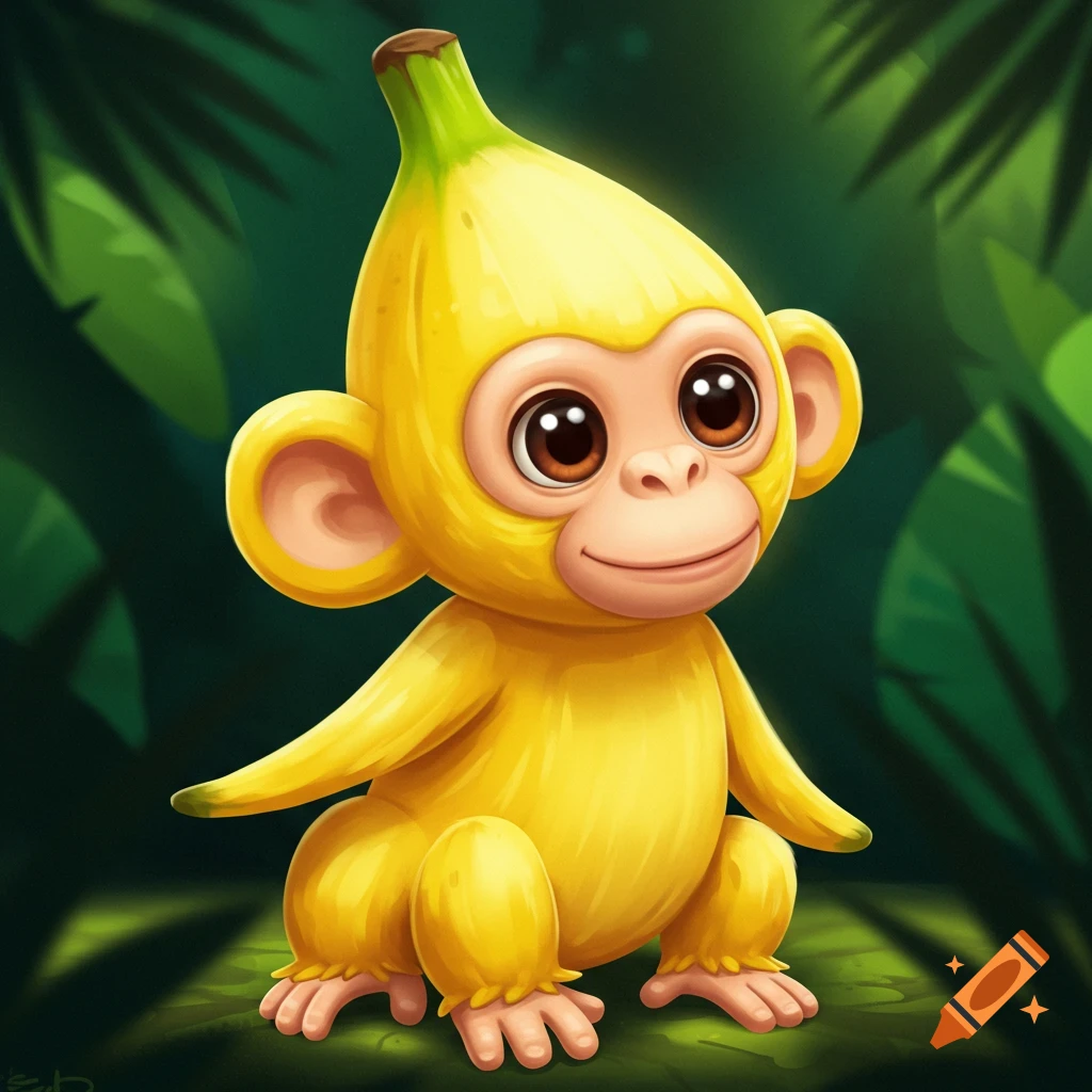A cute yellow banana-monkey creature sitting in a jungle