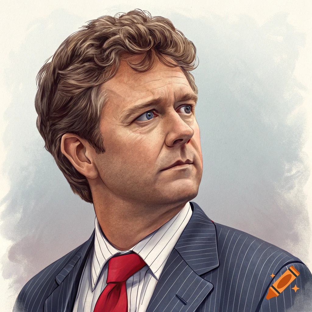 Stylized illustration of a man in a pinstripe suit and red tie, looking to the side.
