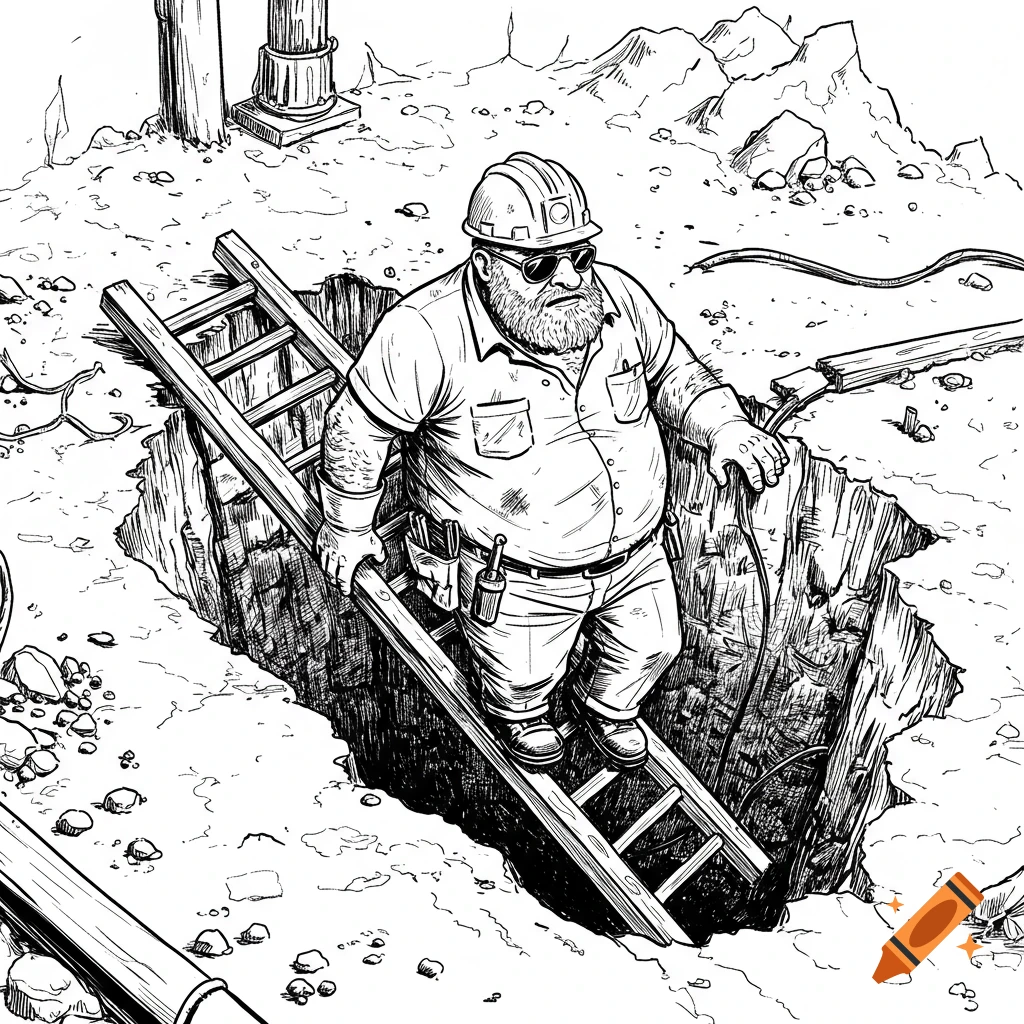 A black and white illustration of a worker climbing a ladder out of a trench.