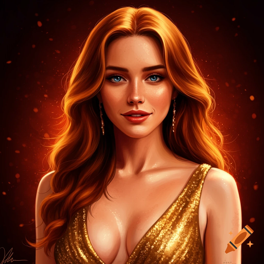A portrait of a woman with auburn hair and blue eyes in a golden dress.