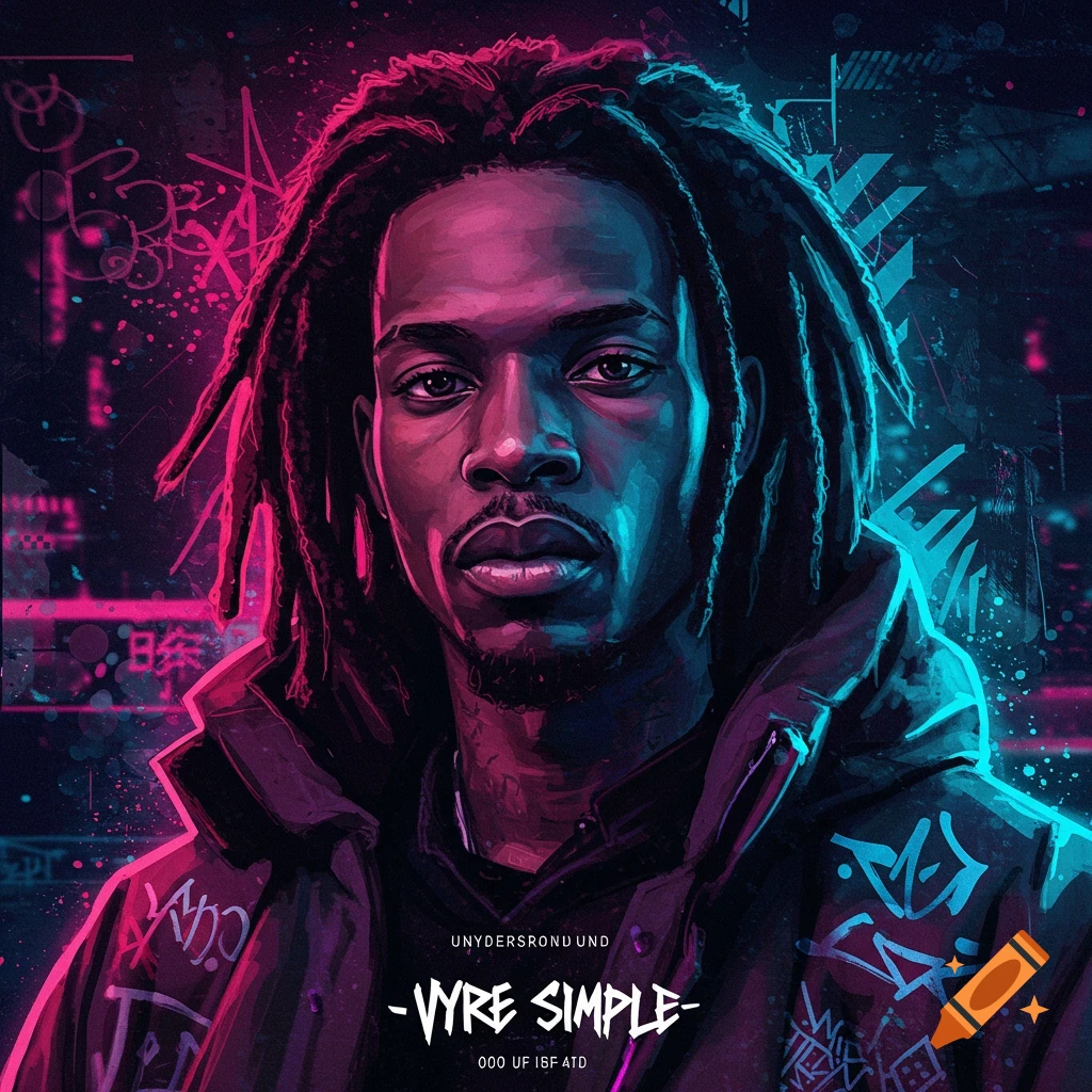 Portrait of a man with dreadlocks in neon light with graffiti background.