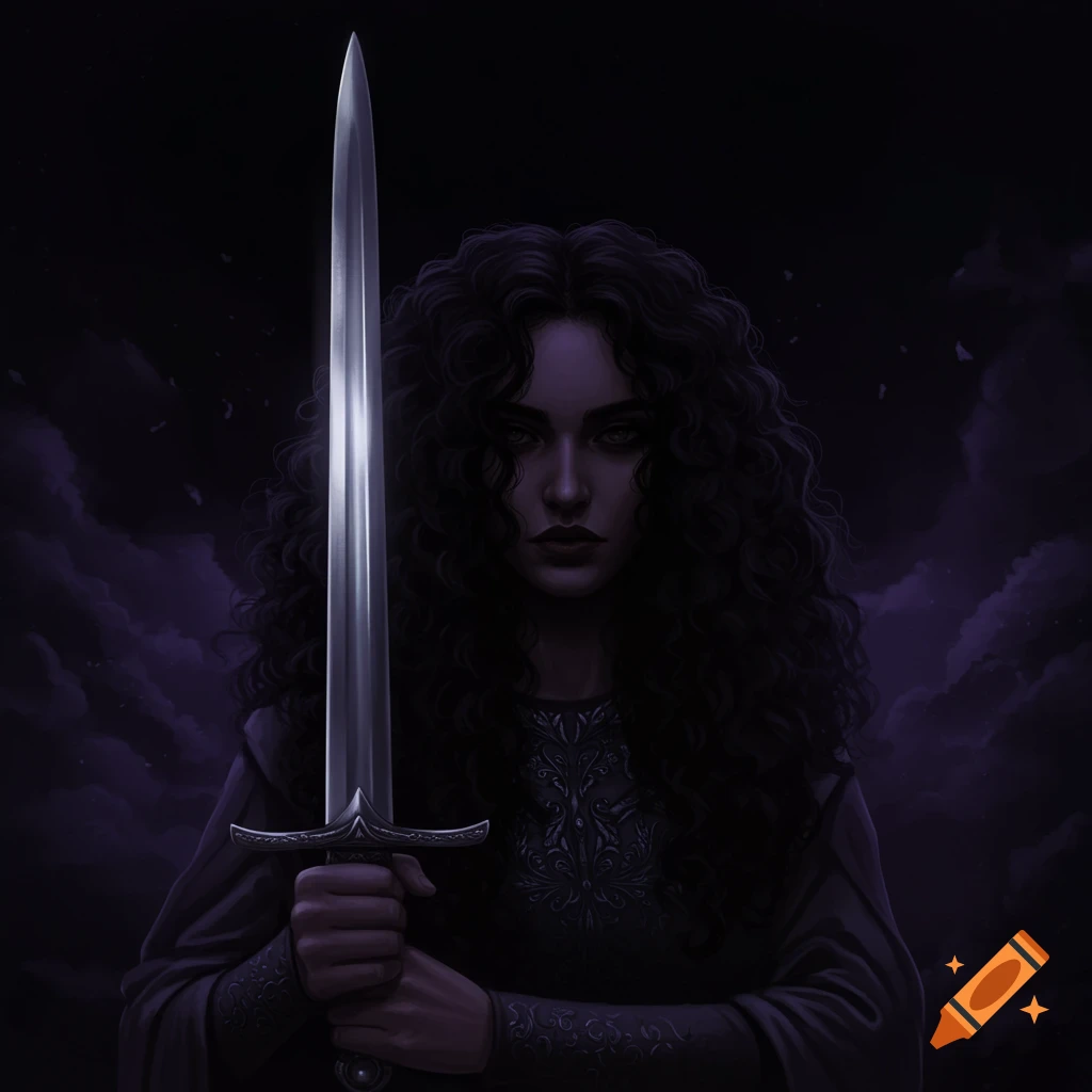 A dark-haired woman holds a gleaming sword against a dark, stormy sky.