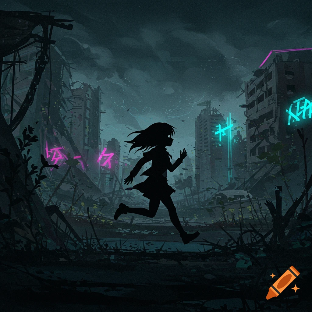 A black silhouette of a girl runs through a dark, ruined city illuminated by glowing neon signs.