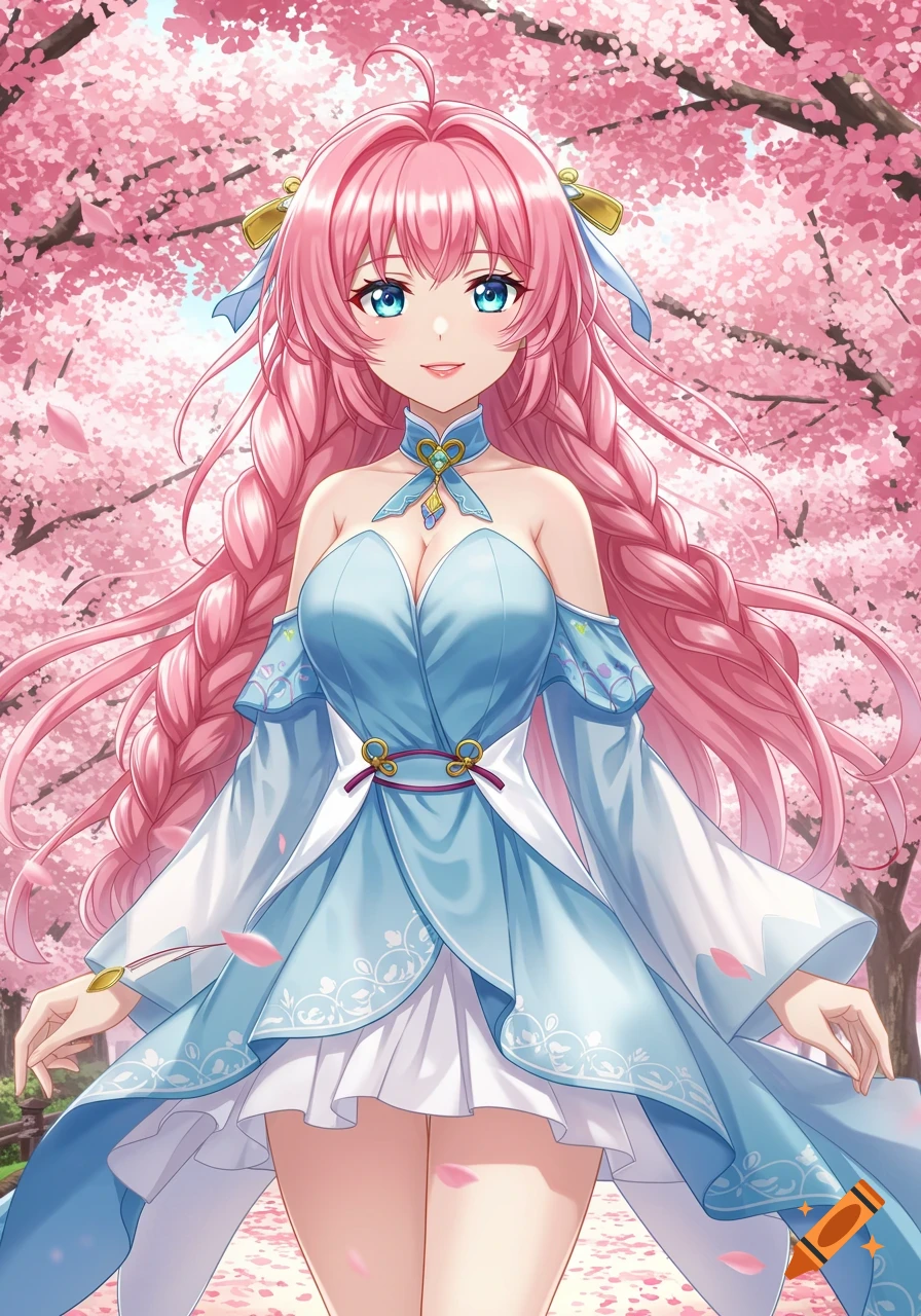 Anime girl with pink hair and blue eyes in a blue dress standing in a cherry blossom forest.