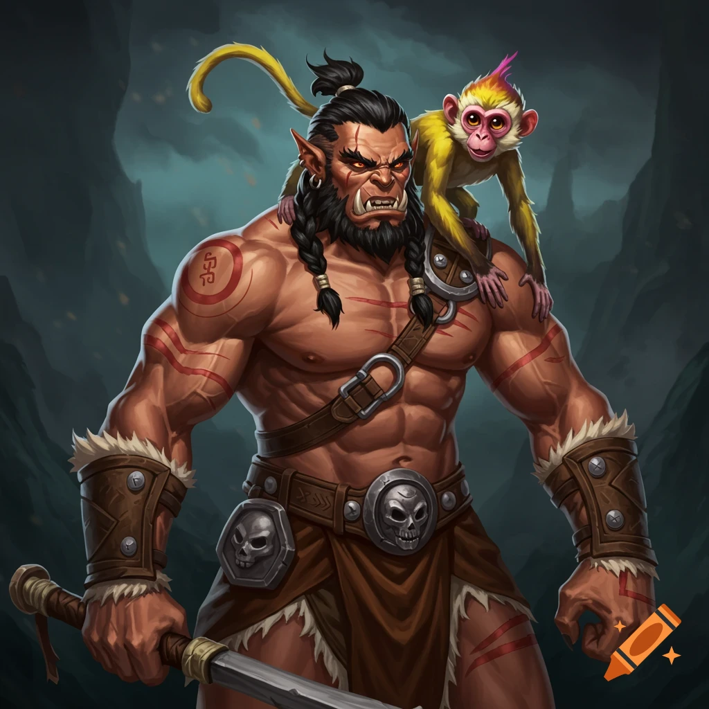A muscular half-orc barbarian with a monkey on his shoulder holding a sword.