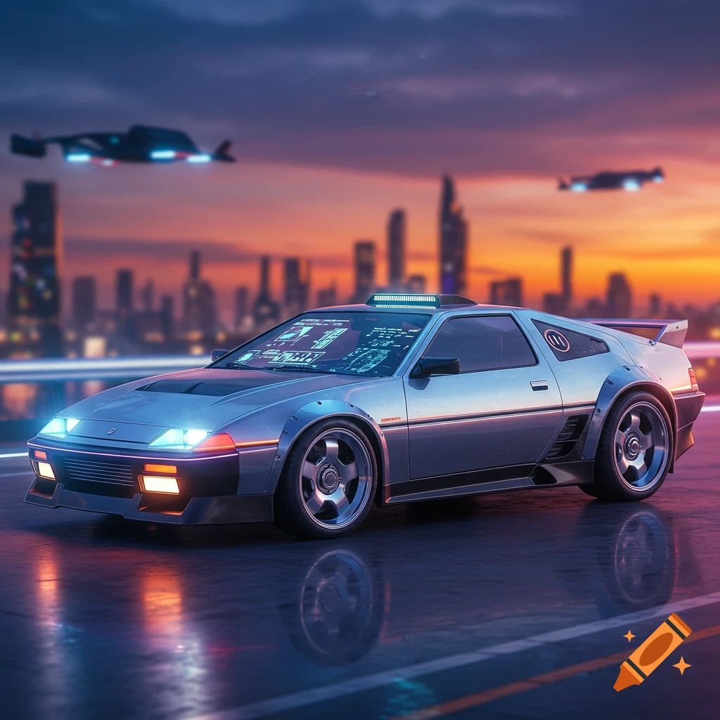 A futuristic silver car is on a road, with a city skyline and flying vehicles in the background at sunset.
