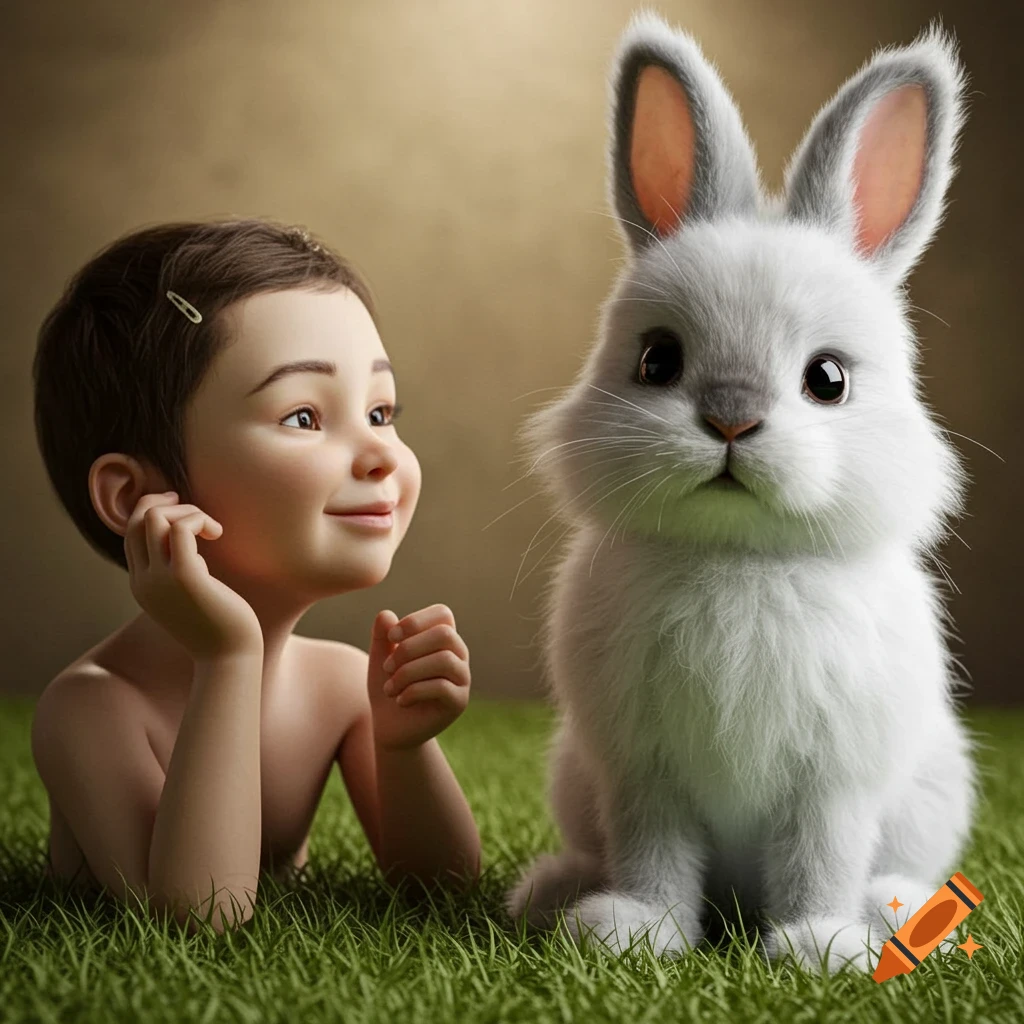 A stylized child and a fluffy white bunny lie in green grass looking at each other.