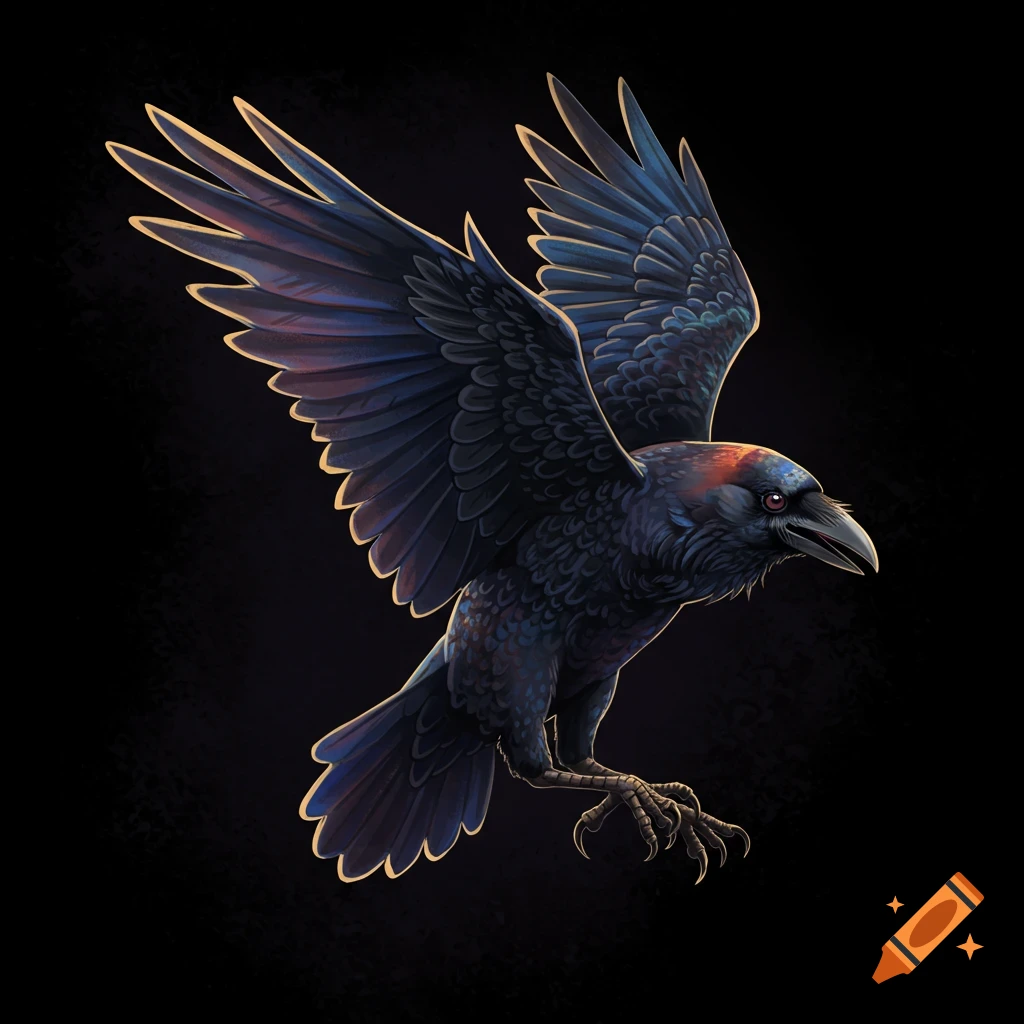 A raven in flight on a black background.