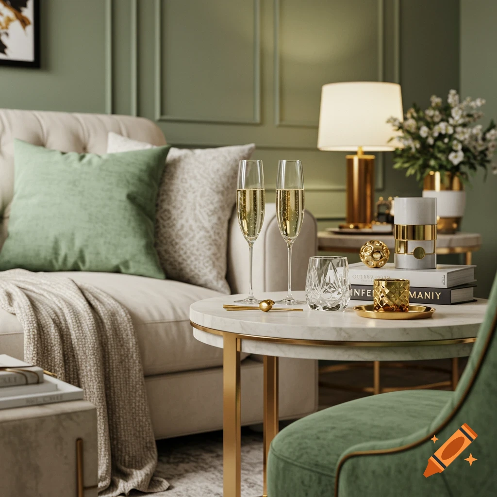 Close-up of a luxury living room corner with champagne glasses, books, and decor on marble tables.