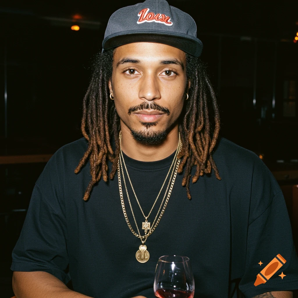 Portrait of a mixed race man with dreadlocks wearing a baseball cap, chains, and holding a wine glass.