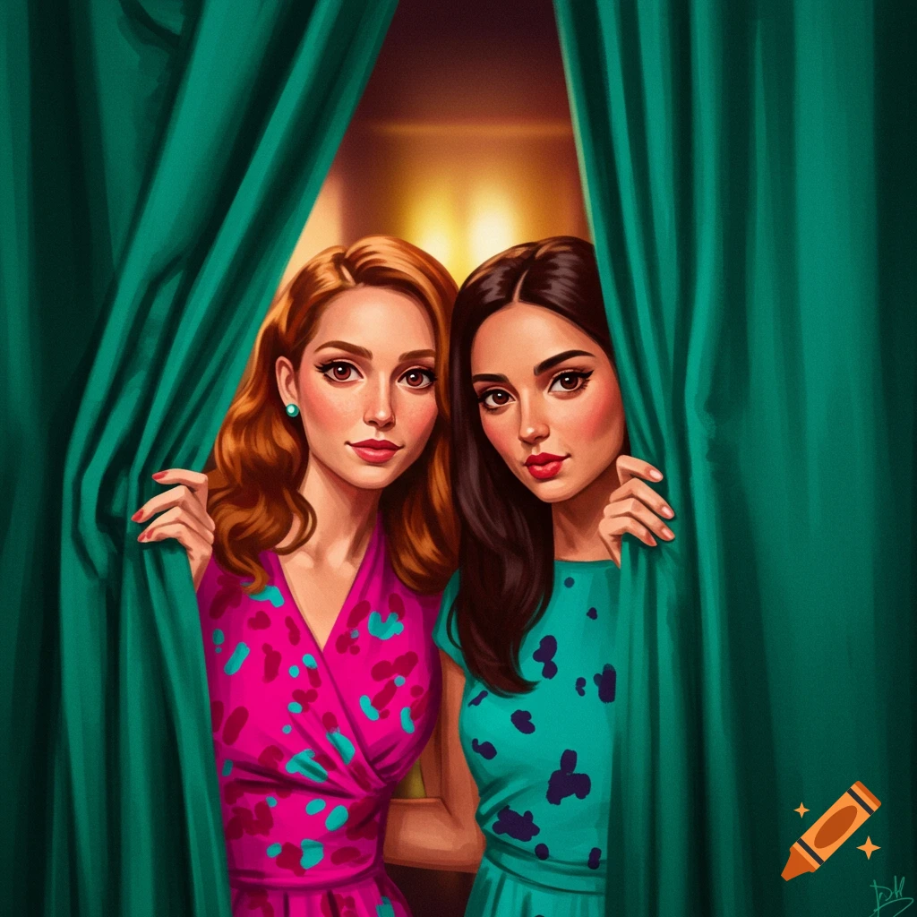 Two women peeking from behind green curtains
