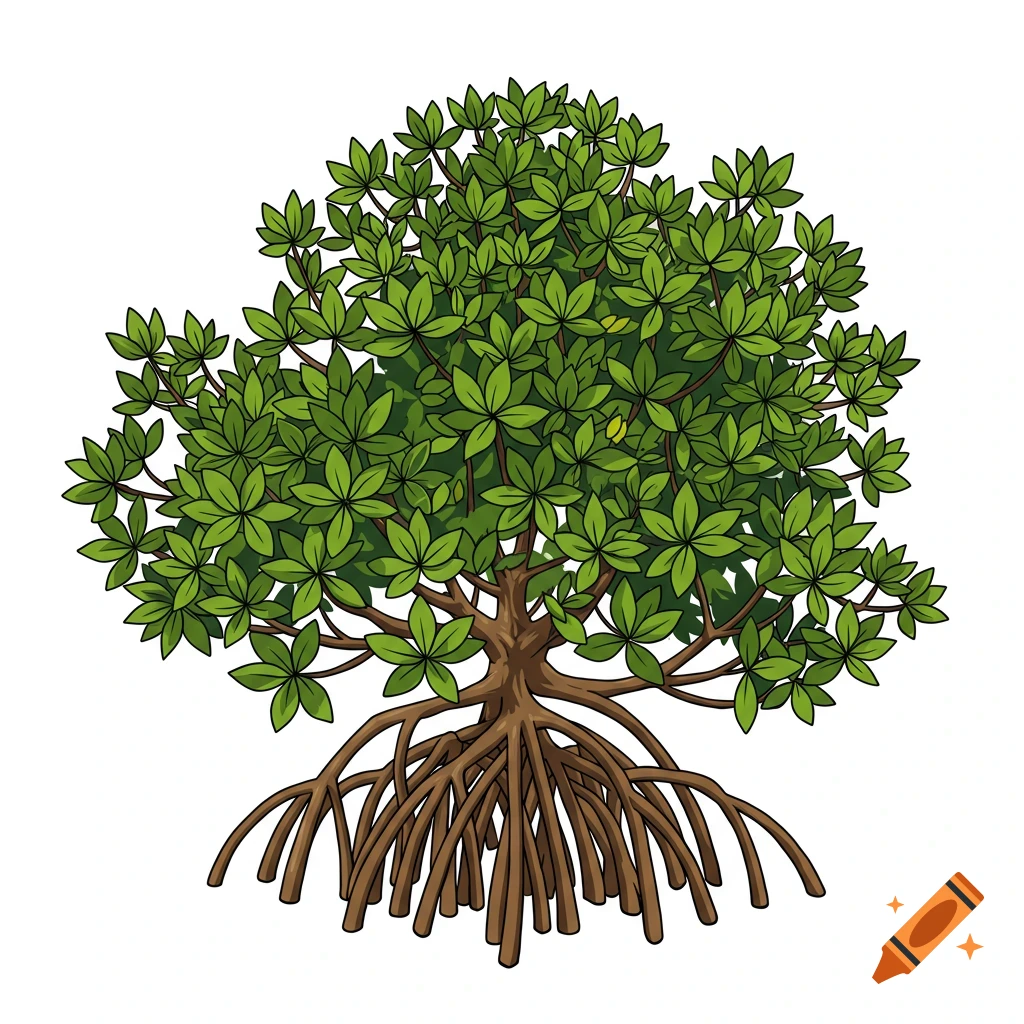 A cartoon illustration of a mangrove tree with prop roots