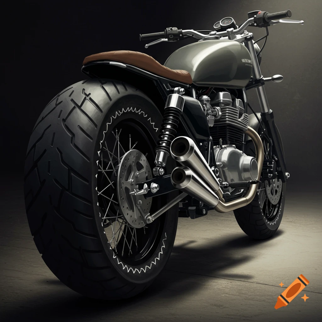 A classic cafe racer motorcycle is shown from the rear.