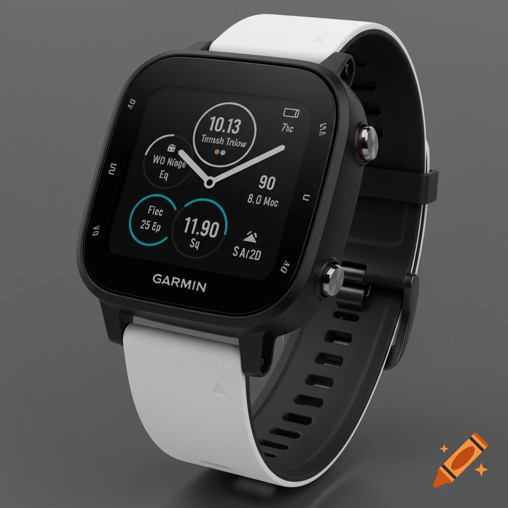 Realistic 3D render of a black Garmin wristwatch with a white band.