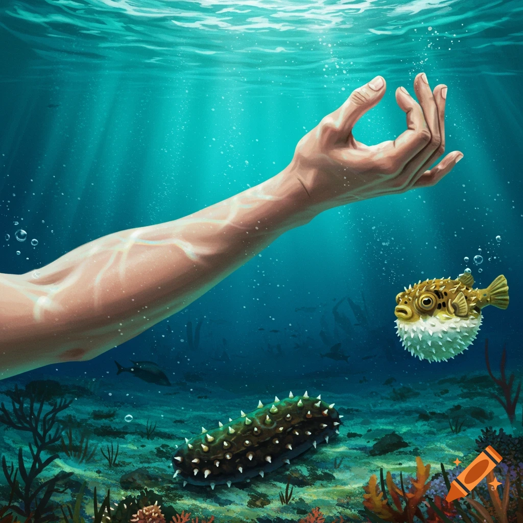 A human arm reaches underwater near a pufferfish and sea cucumber on the seabed