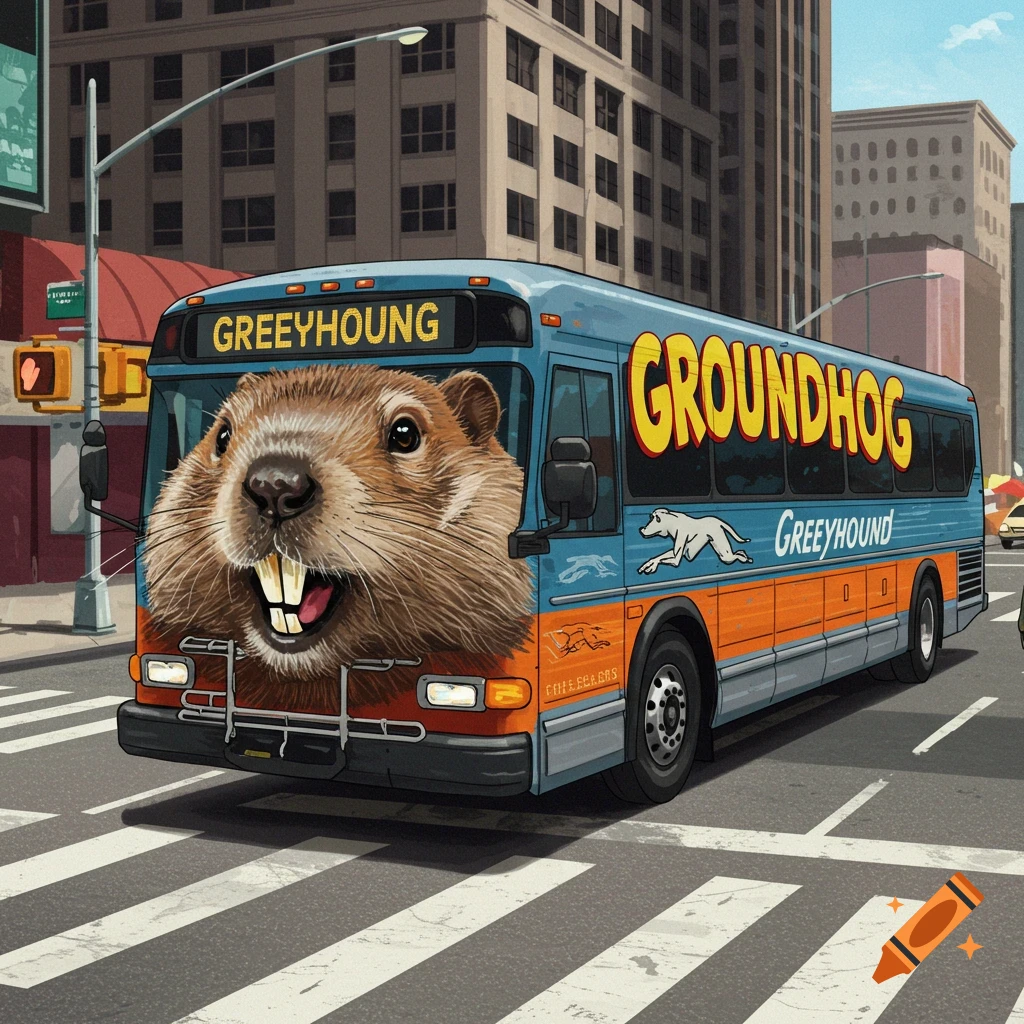 A bus with a giant groundhog face on the front, driving on a city street.
