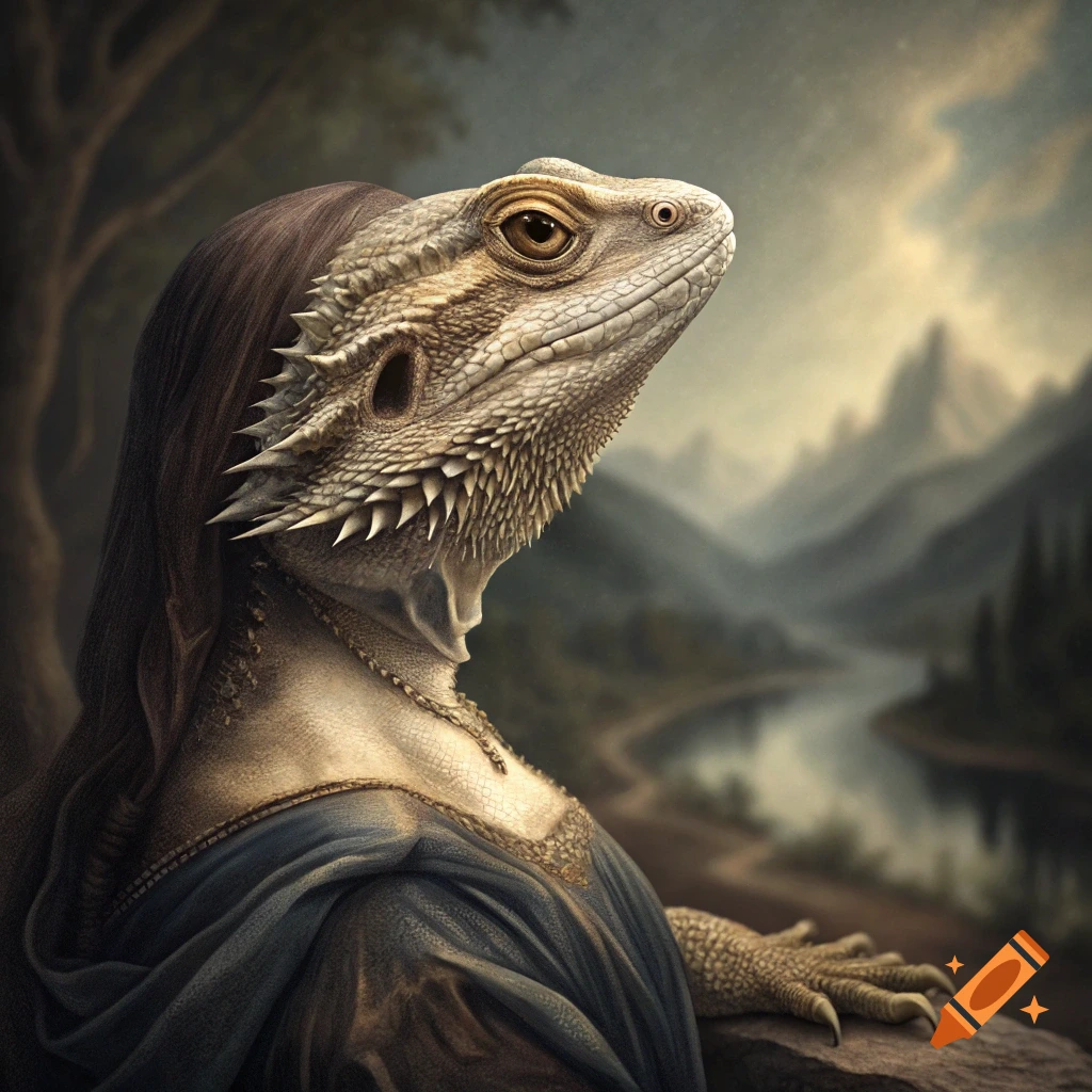 A lizard figure resembling the Mona Lisa painting in a landscape.