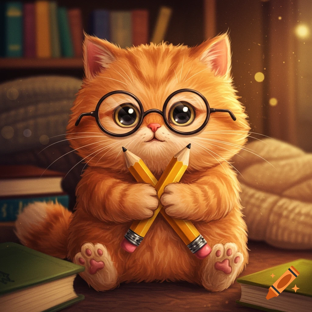A cute orange cat with glasses holds two yellow pencils, sitting among books.