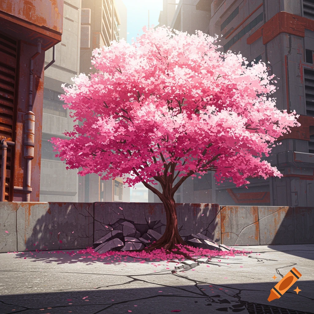 A pink cherry blossom tree stands in an urban setting.